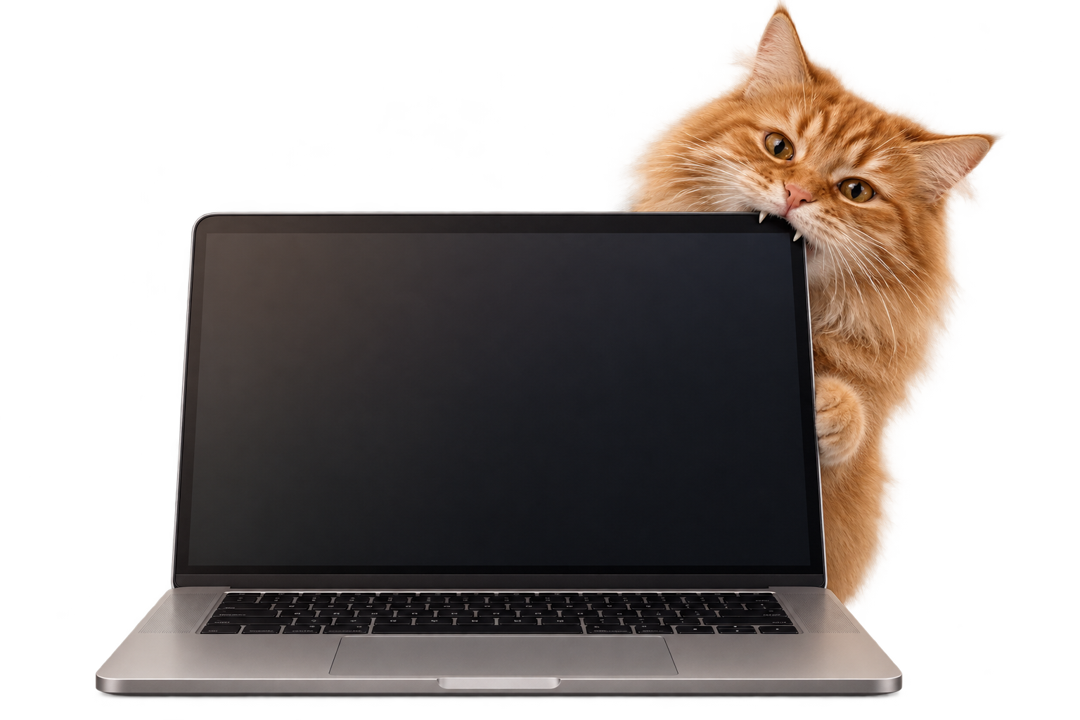 A photorealistic, fluffy orange cat reaches from behind an open laptop, its head at the upper right, gently biting the screen’s corner. The laptop screen faces you.